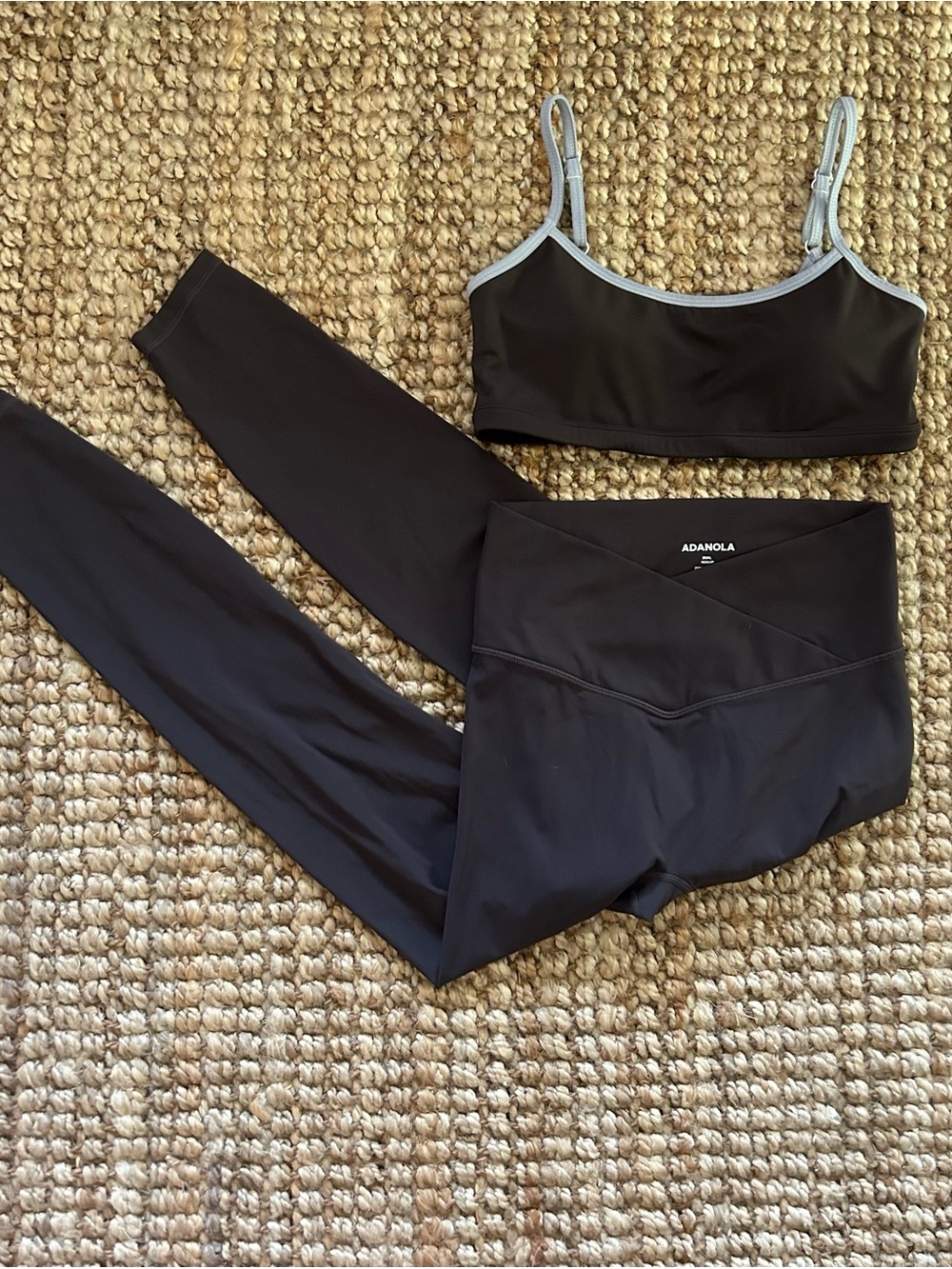 Adanola Black Sports Bra and Leggings Set with Light Gray Trim